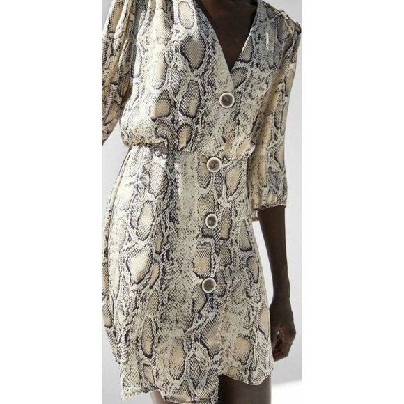 Snake Print Button-Front V-Neck Mini Dress With Puff Sleeves By Zara Basic - Picture 1 of 7
